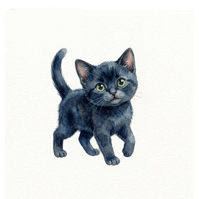 Watercolour of the black kitten, walking with her tail up