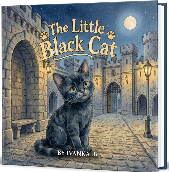 Front cover of The Little Black Cat: a black kitten sitting on a cobblestone street in front of a moonlit castle