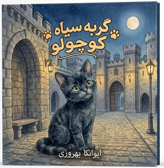 Front cover of the Farsi edition, with the title in Persian script above the same kitten and castle
