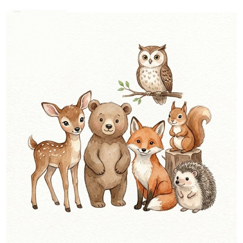 Watercolour of nine forest animals: deer, bear, fox, owl, squirrel and hedgehog