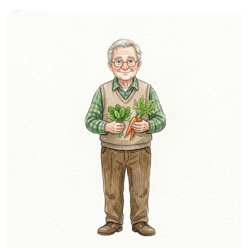Watercolour of John, an older man in glasses holding spinach and carrots