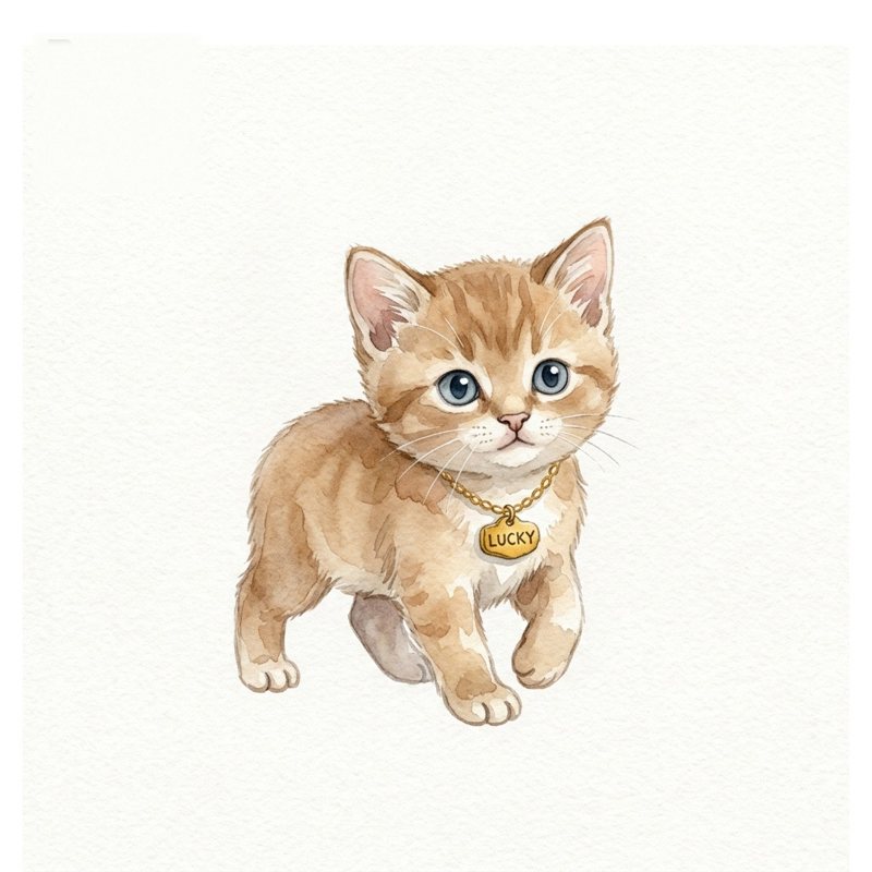 Watercolour of Lucky, a ginger kitten with a gold tag reading Lucky