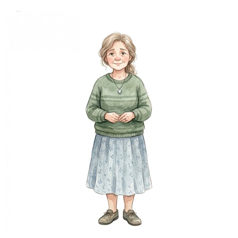 Watercolour of the owner, a woman in a green sweater and blue skirt