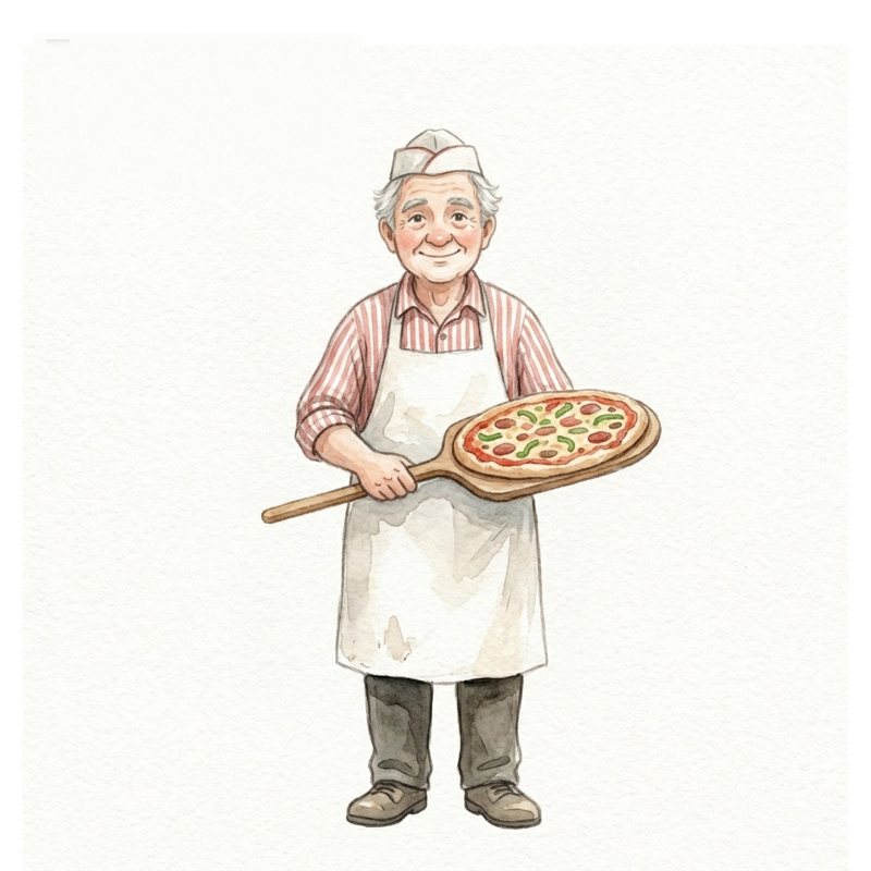 Watercolour of the pizza man holding a pizza on a wooden peel