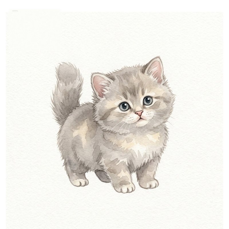 Watercolour of Puf Puf, a fluffy grey kitten