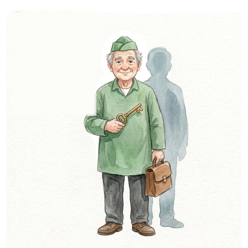 Watercolour of the security guard holding a key, with a shadow figure behind him