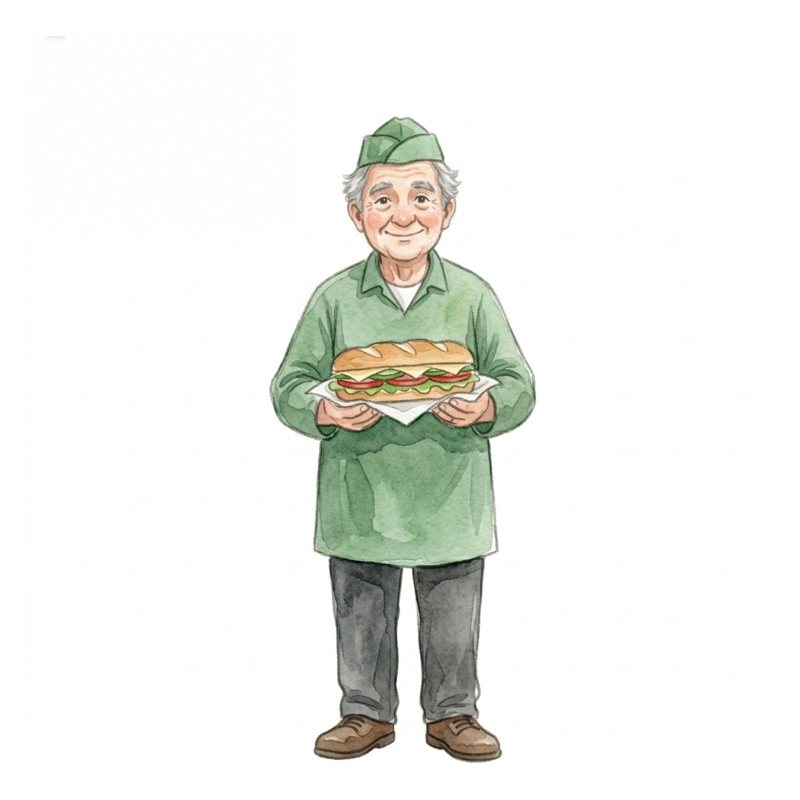 Watercolour of the Subway man in a green uniform holding a sandwich